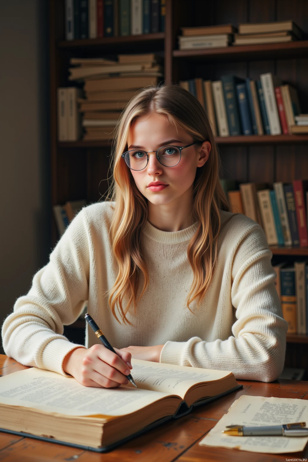 A person wearing glasses and a sweater is sitting at a desk, writing in a notebook.
