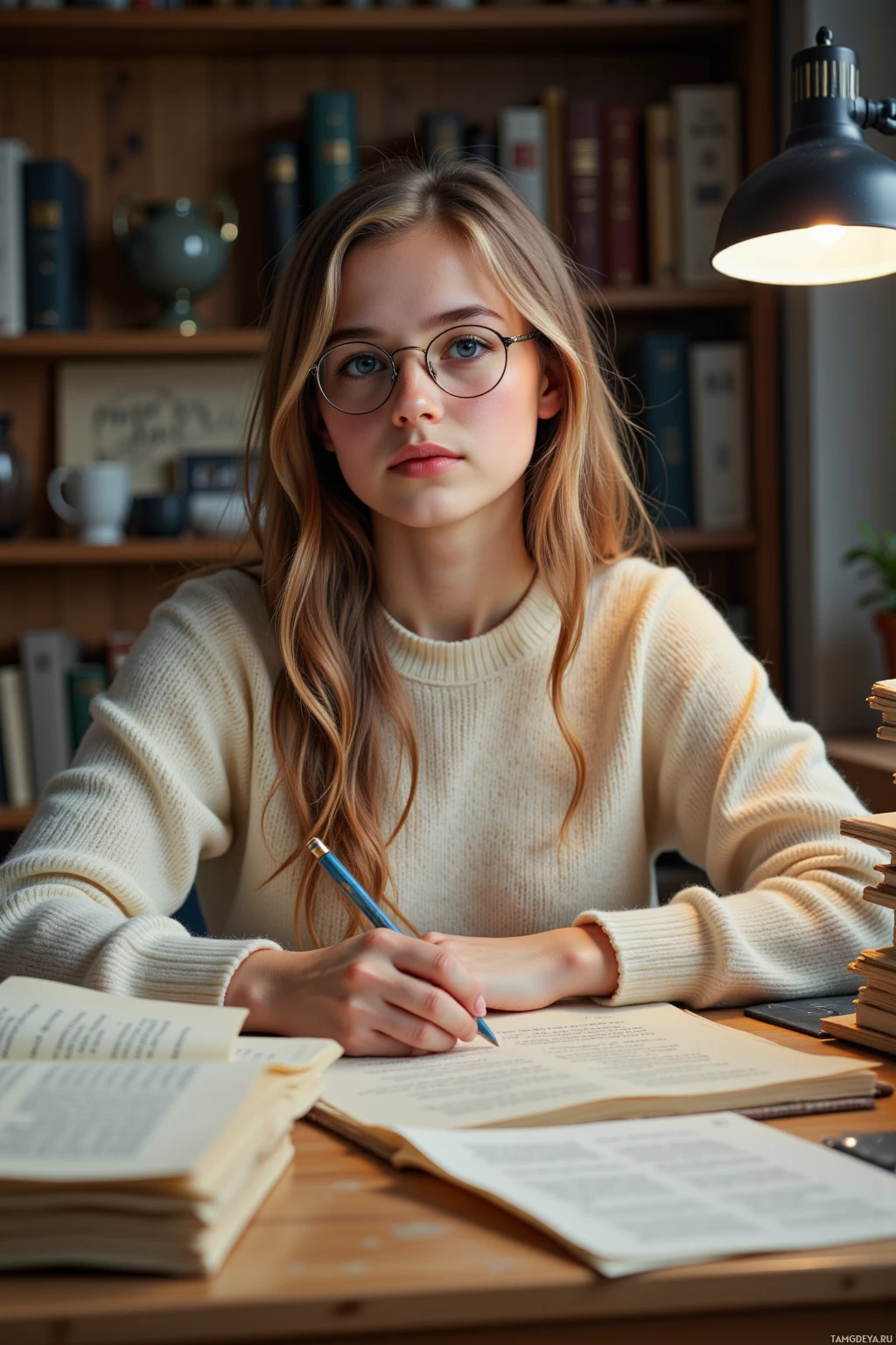 A young woman wearing glasses sits at a desk with books and a lamp, appearing to study.