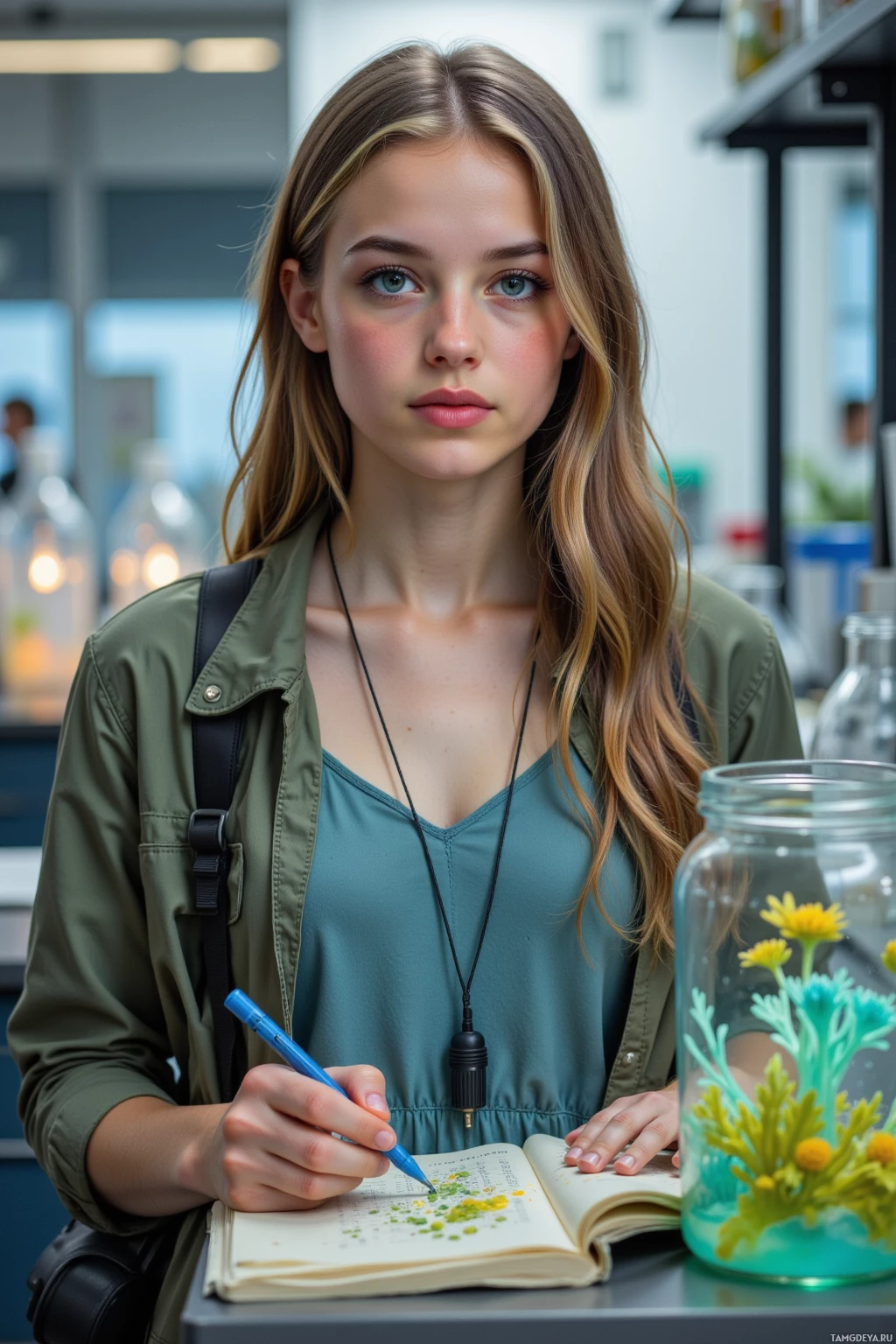 A young woman with long hair is writing in a notebook in a laboratory setting.