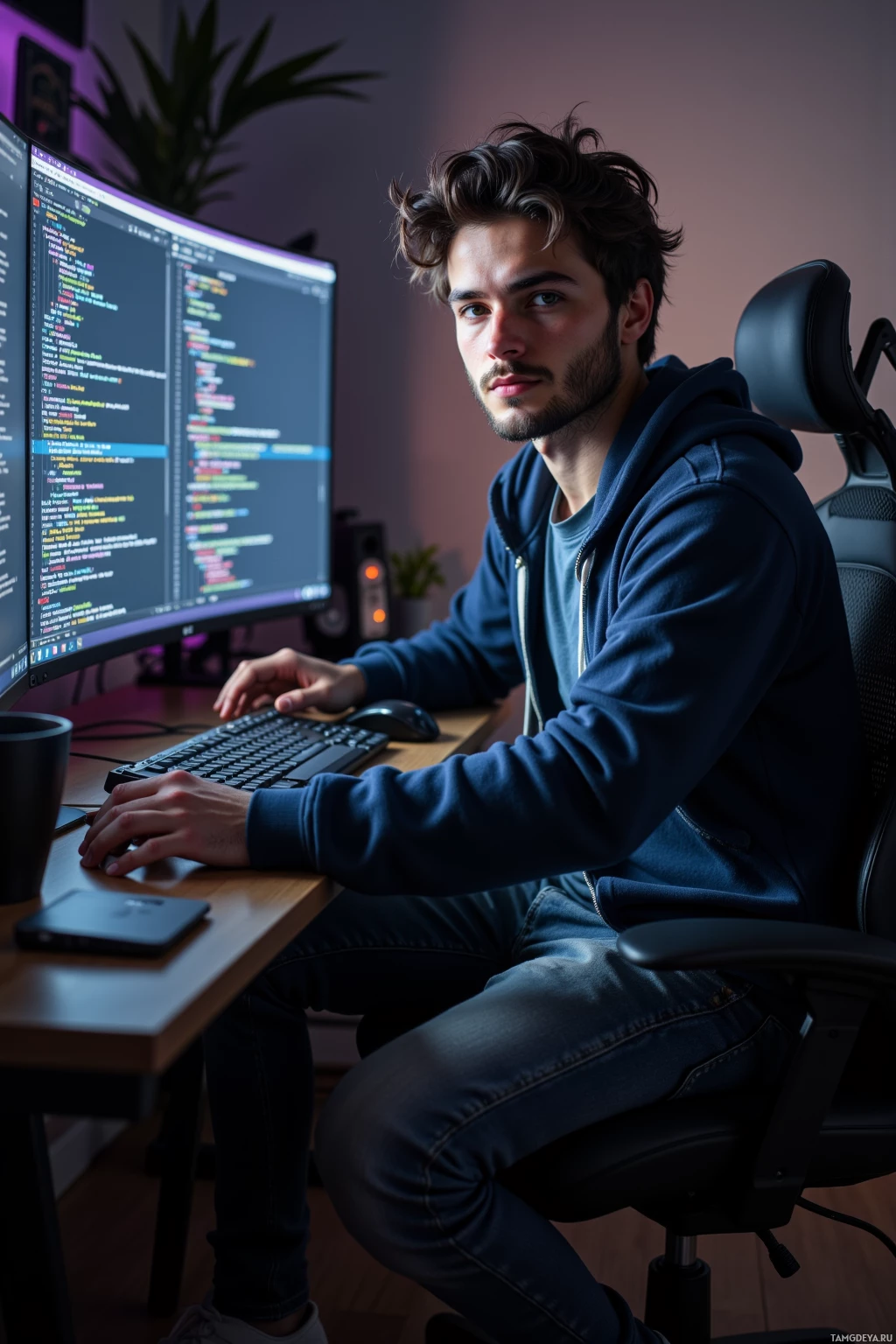 A person is sitting at a desk working on a computer with a code editor displayed on the monitor.