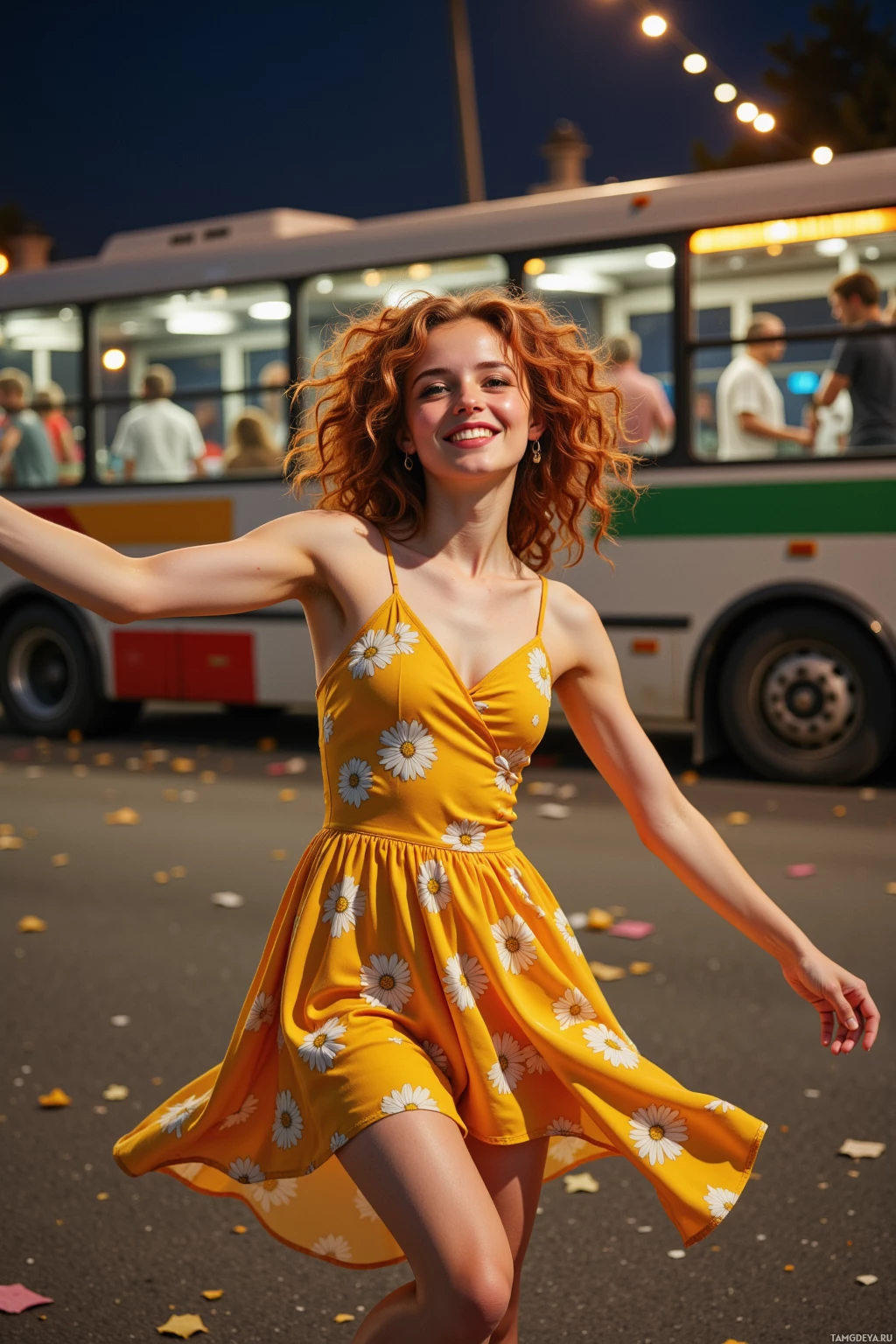 A woman in a yellow floral dress dances in front of a bus at night.