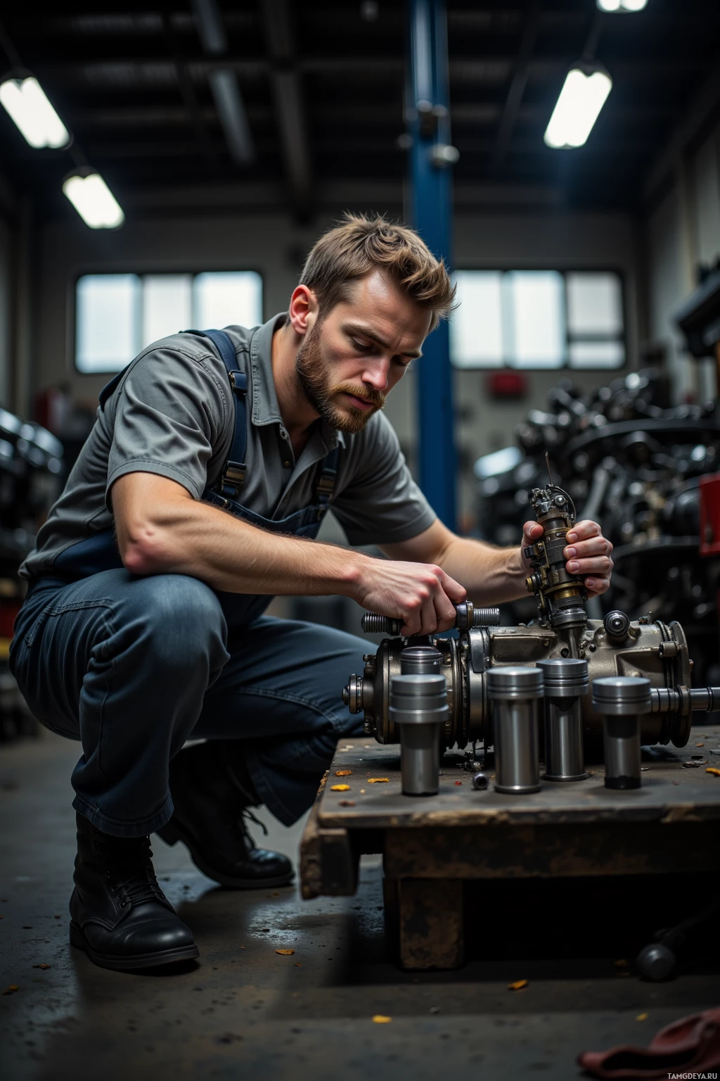 A mechanic works on a mechanical part in a workshop.