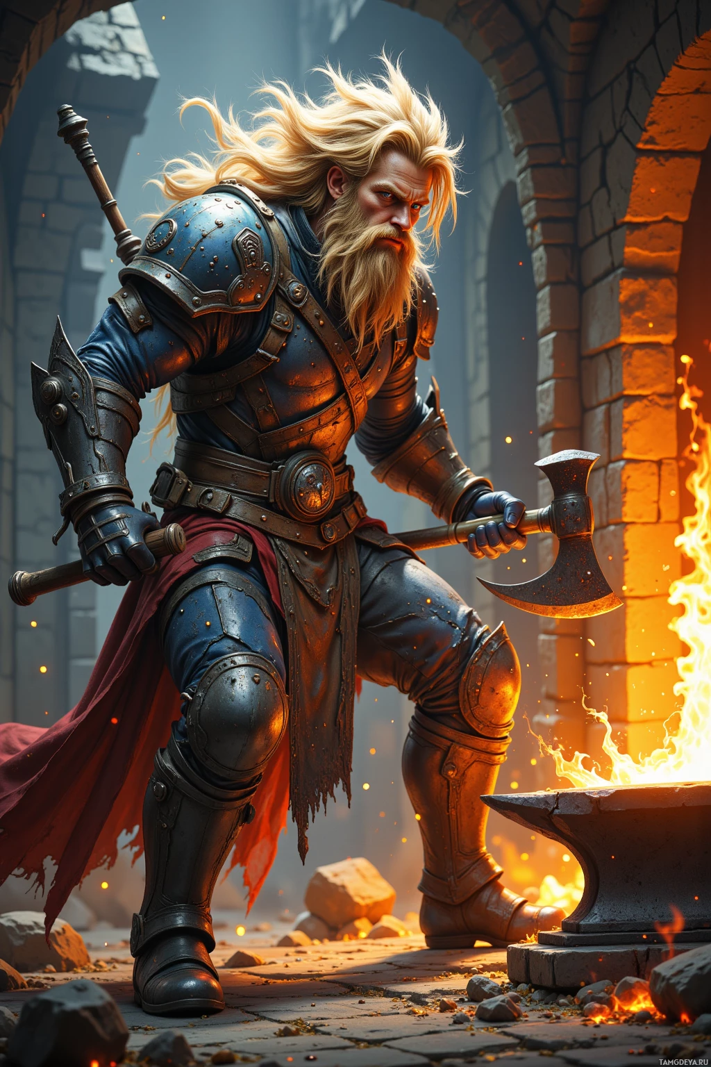 A warrior in blue armor stands beside a forge, holding an axe.