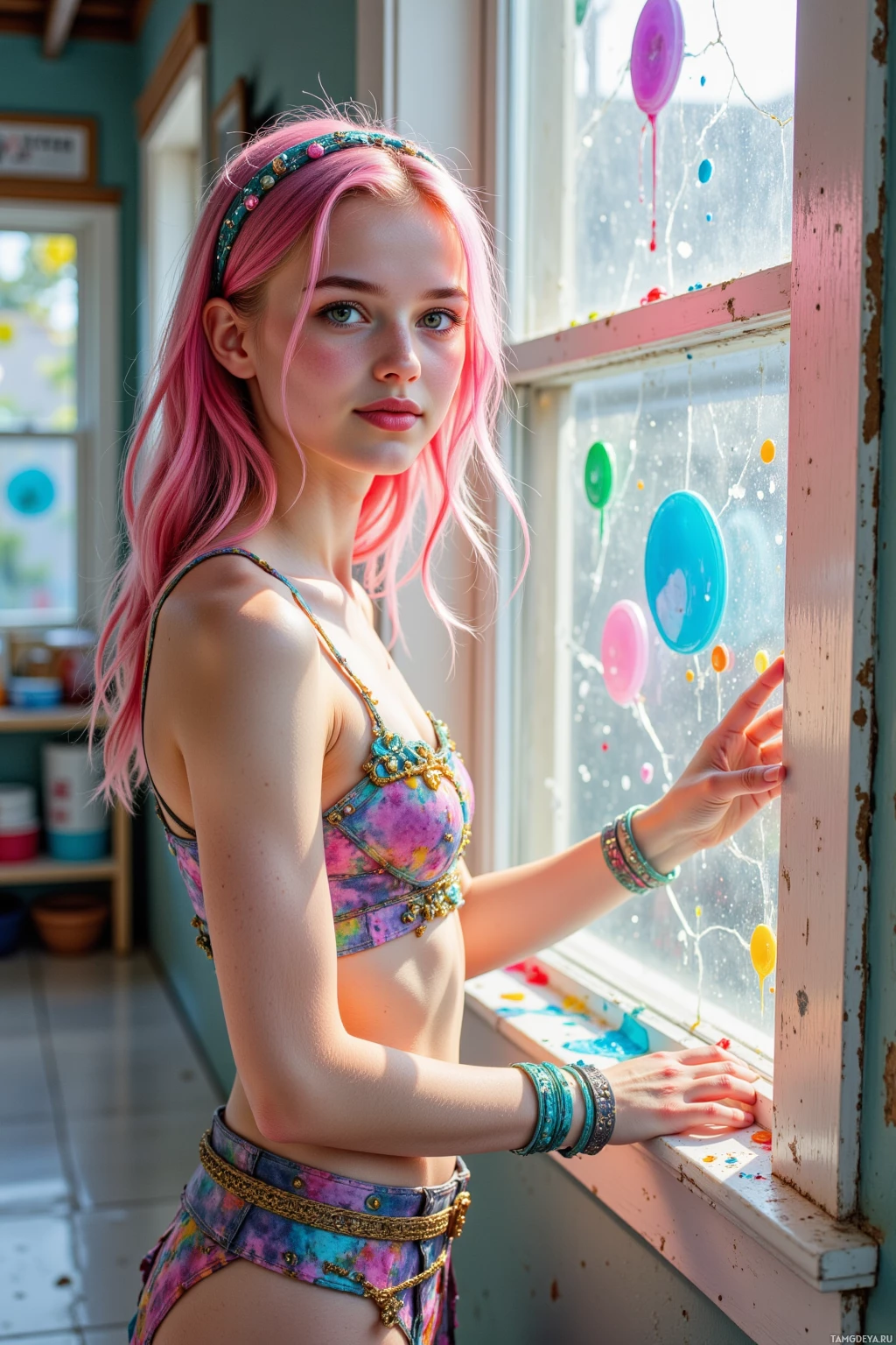 A young woman with pink hair stands by a window with colorful paint splatters, wearing a tie-dye top and denim shorts.