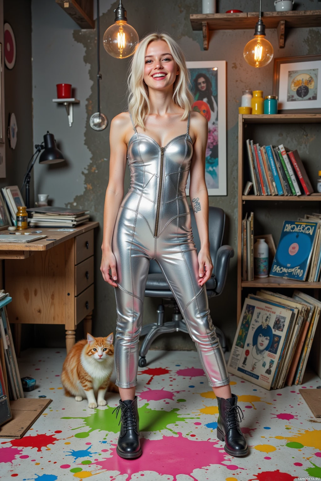 A person in a metallic jumpsuit stands in a room with a cat and colorful splatters on the floor.