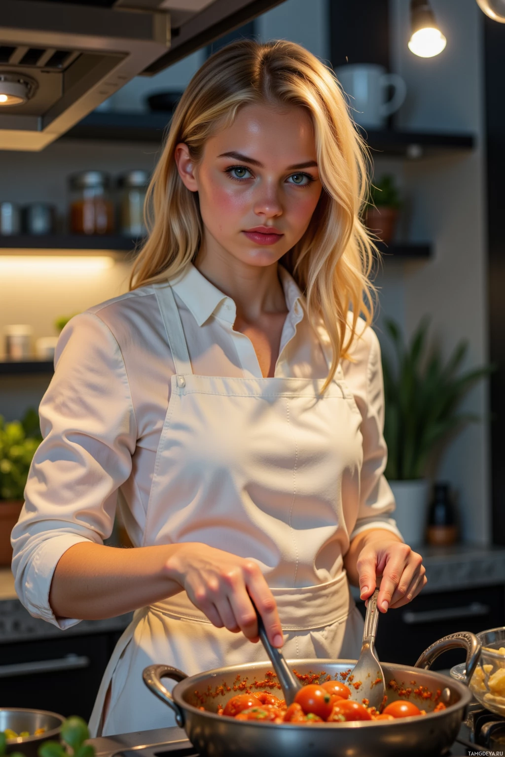 A woman in a white shirt and apron is cooking in a kitchen.