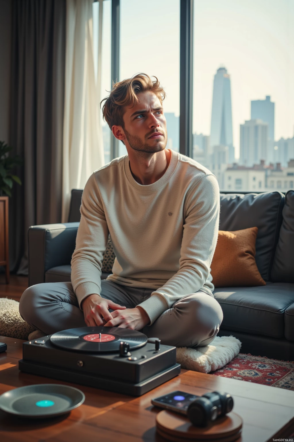 A man sits cross-legged on a rug in front of a record player, gazing out a window with a cityscape in the background.