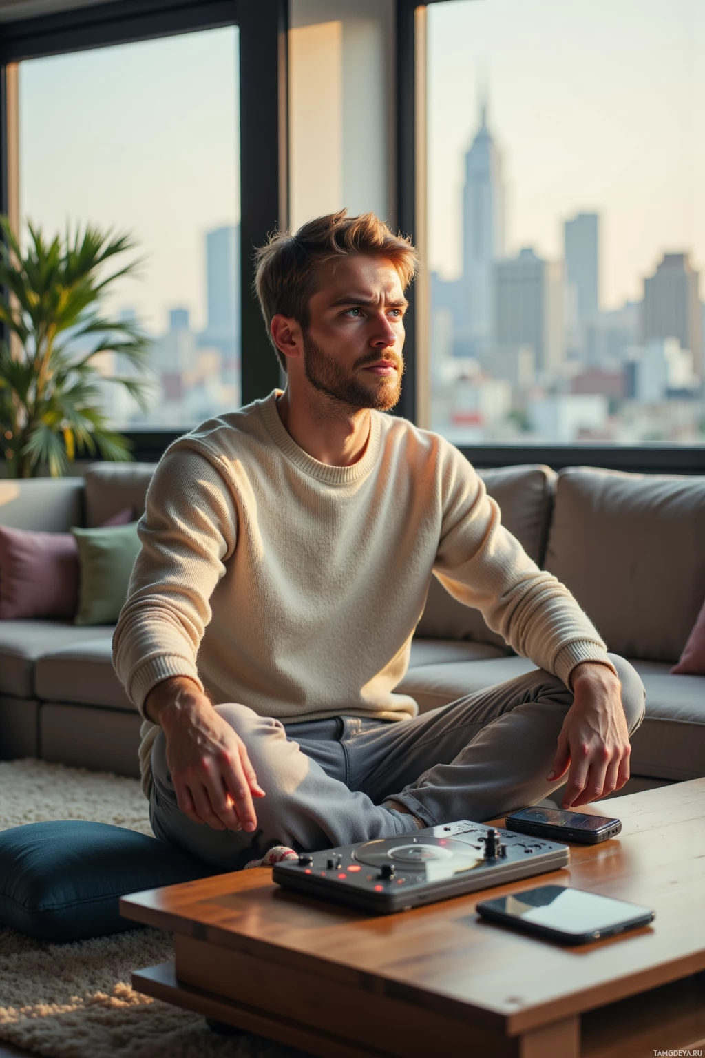 A man sits on a couch in a modern living room, gazing out the window at a cityscape.