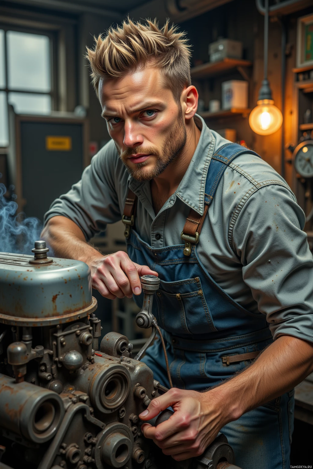 A man in overalls works on a mechanical engine in a workshop.