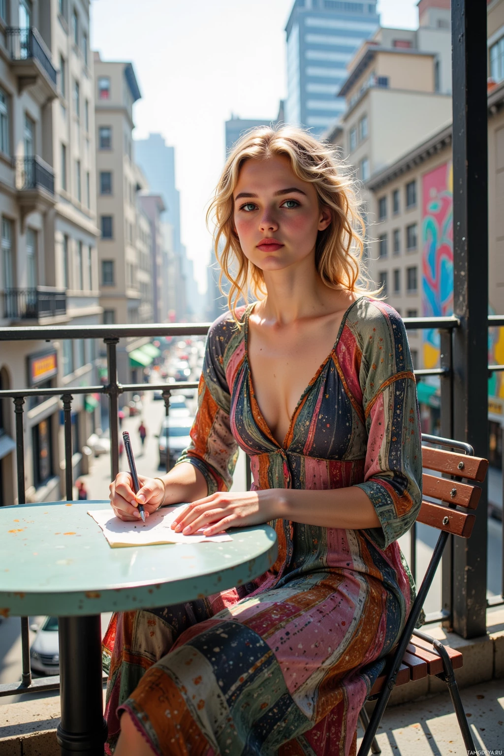 A woman in a colorful dress sits at a table on a balcony, writing on a piece of paper.