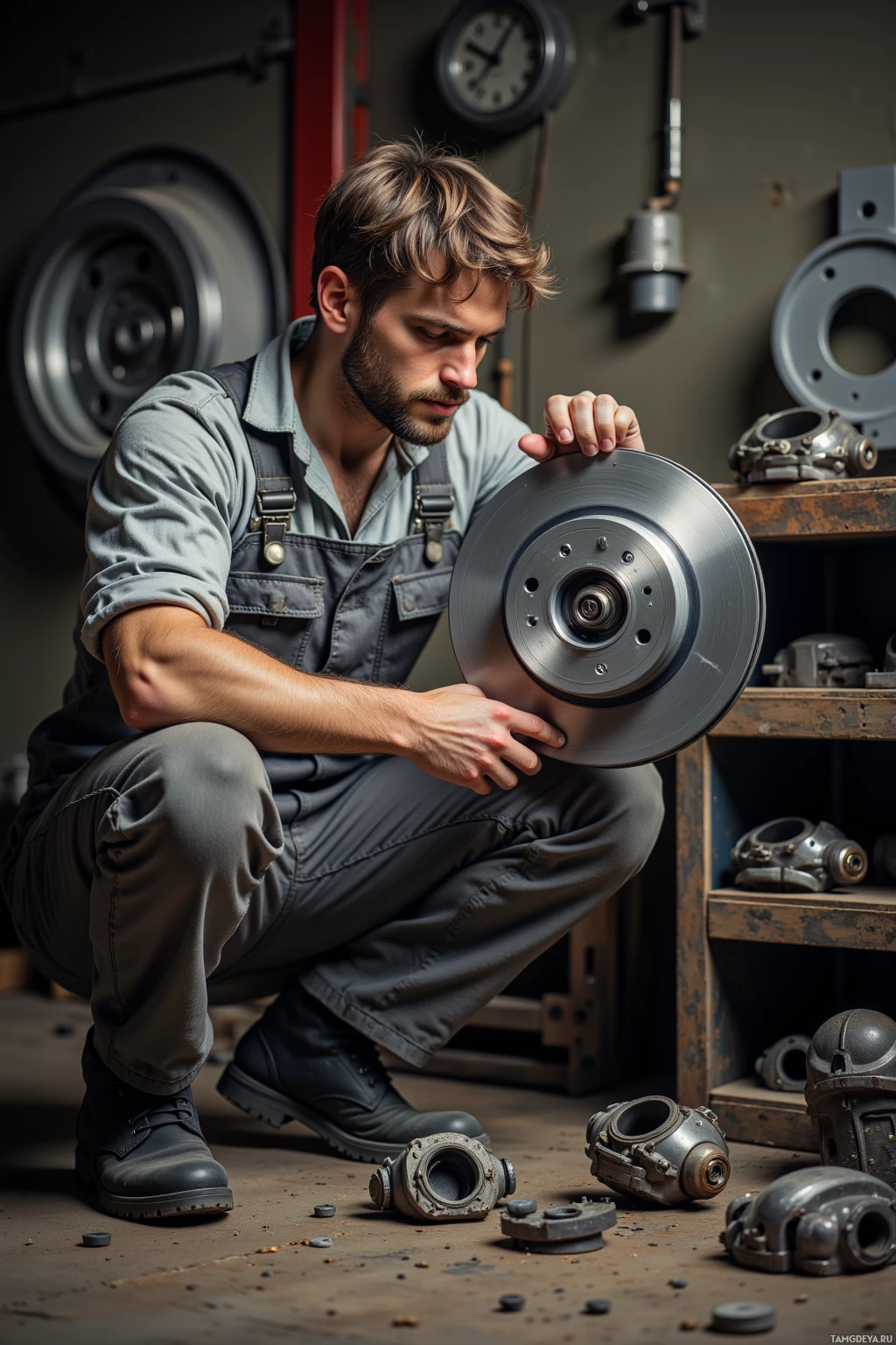A mechanic in overalls works on a mechanical part in a workshop.