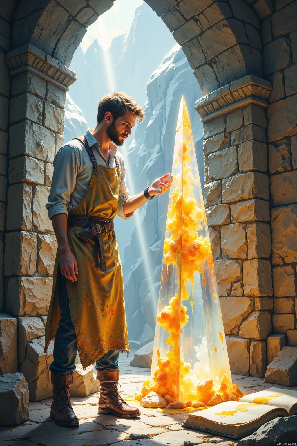 A man in a medieval-style outfit stands beside a glowing, pyramid-shaped object in a stone archway.