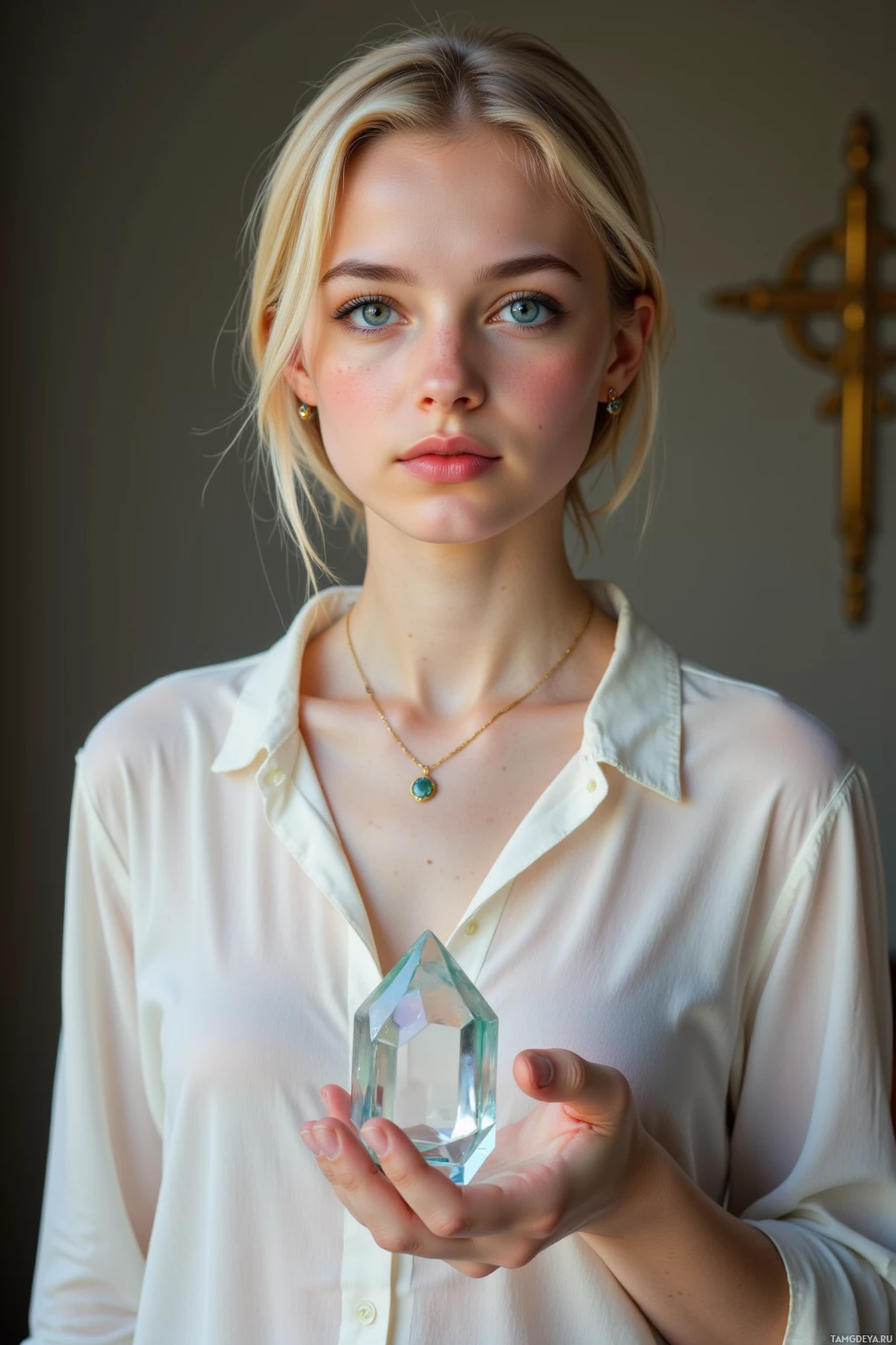 A person in a white shirt holds a clear crystal in their hand.