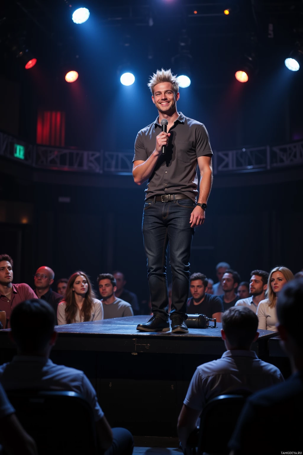 A man stands on stage holding a microphone, addressing an audience in a dimly lit venue.