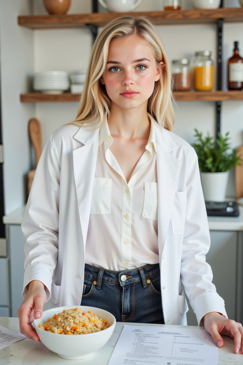 A person in a white shirt and jeans stands in a kitchen holding a bowl of food.