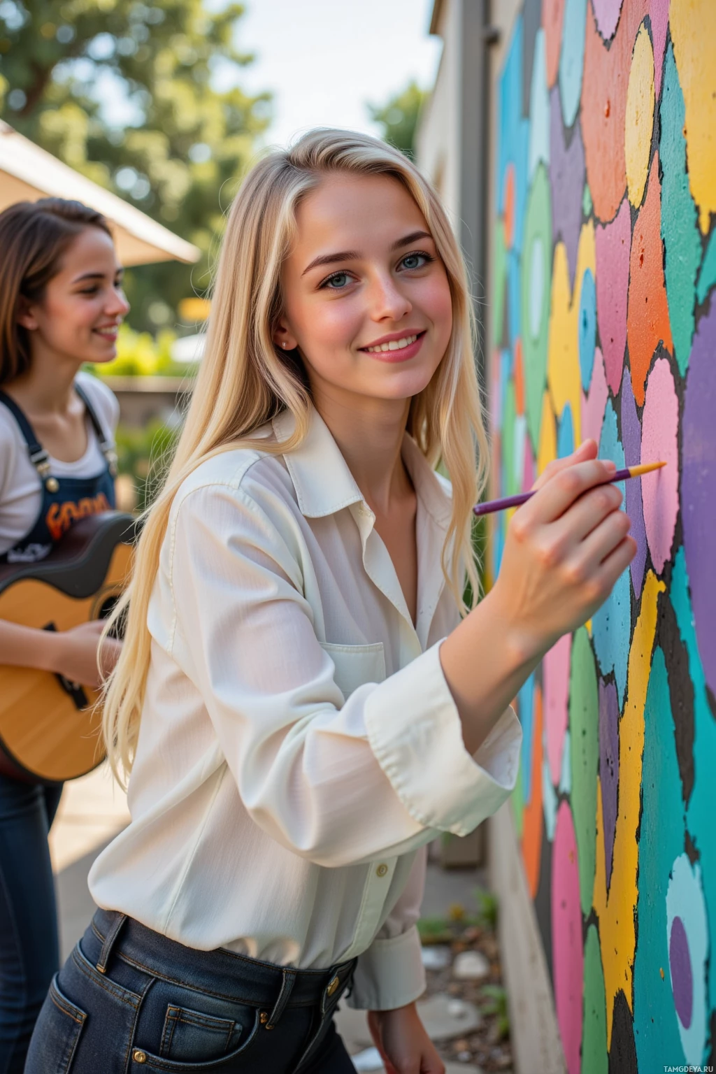 Two young women are painting a colorful mural on a wall.