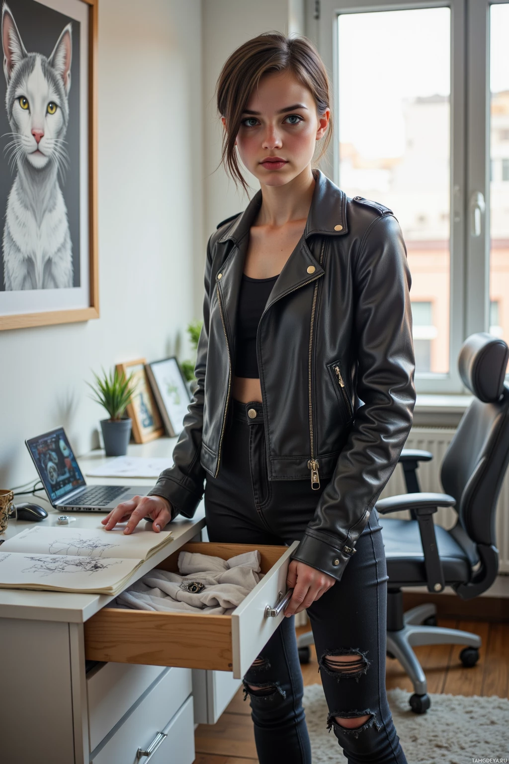A person in a black leather jacket and ripped jeans stands in an office with a desk, laptop, and a cat painting on the wall.