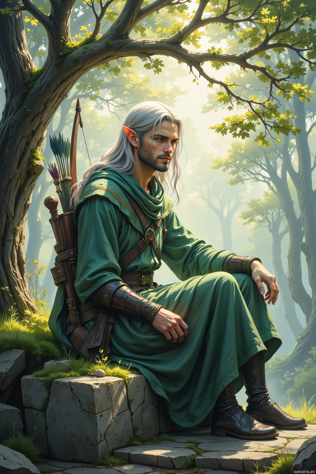 A man with long white hair and pointed ears sits on a stone ledge in a forest, wearing a green robe and carrying a quiver of arrows on his back.