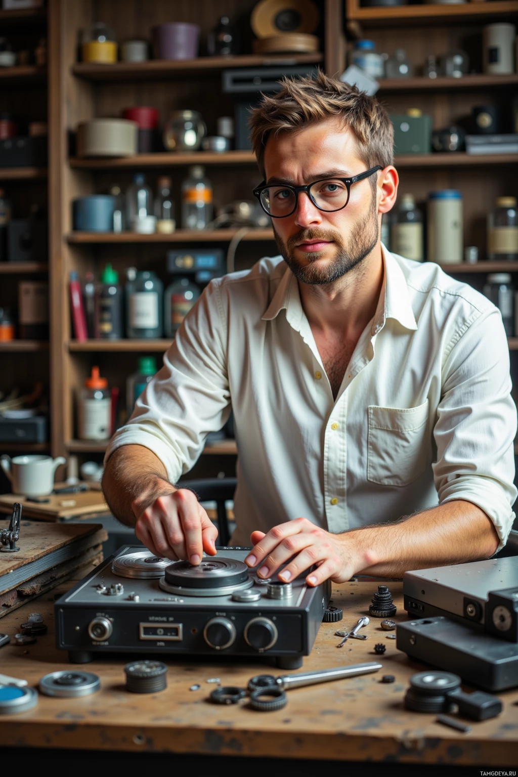 A man in a workshop setting, working on a mechanical device.