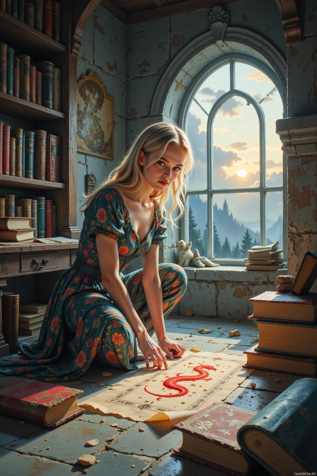 A woman kneels by a window in a room filled with books, examining a red snake embroidered on a piece of paper.