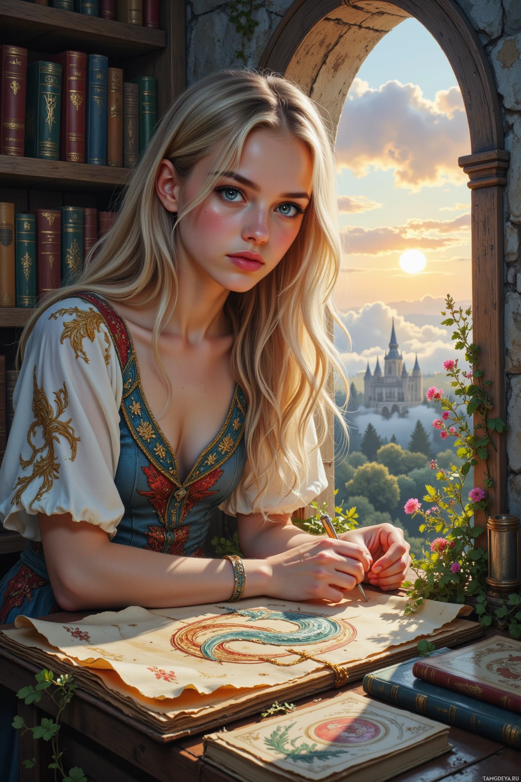 A woman in a medieval-style dress sits at a table, writing in a notebook with a scenic castle view in the background.