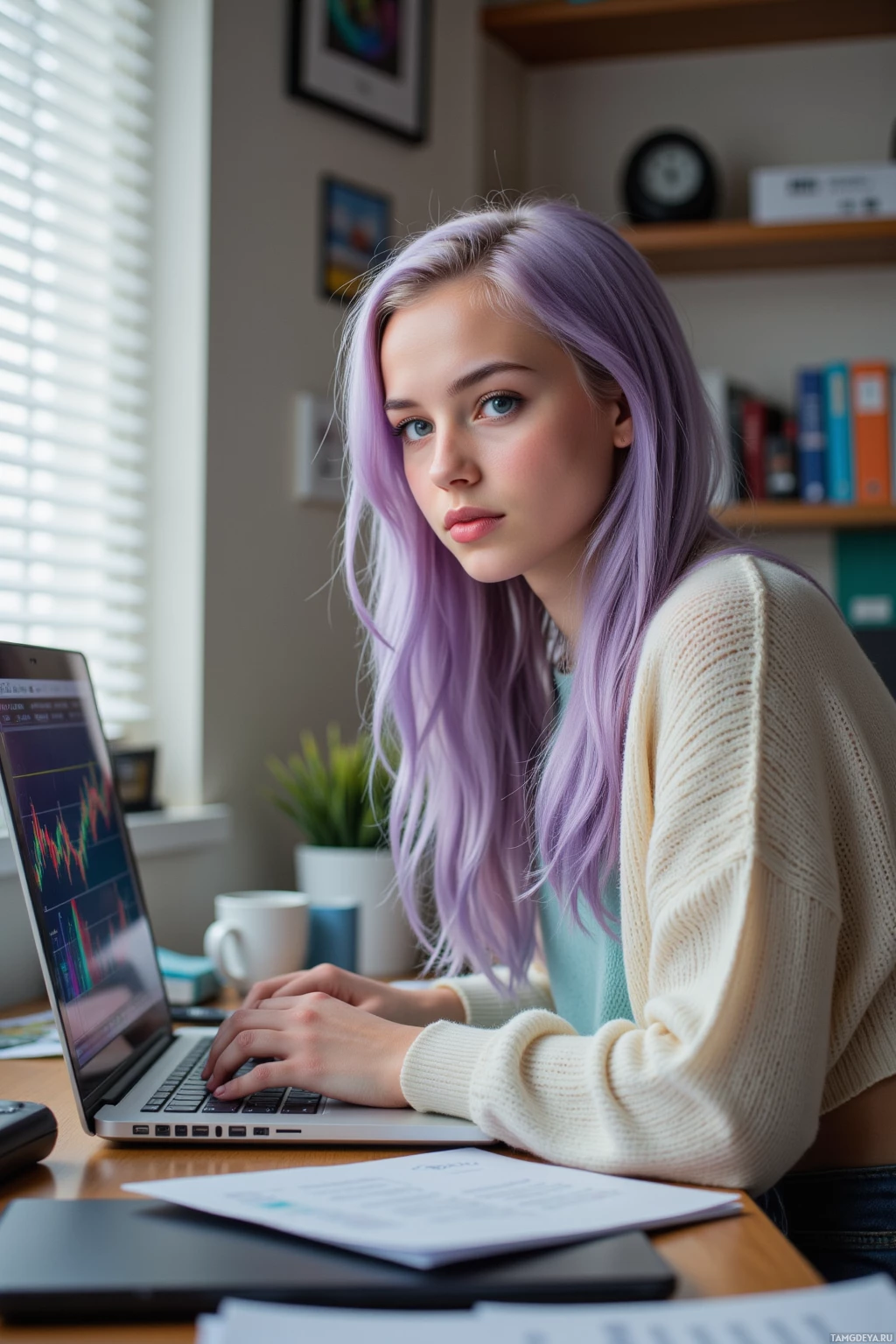 A person with purple hair sits at a desk, working on a laptop.