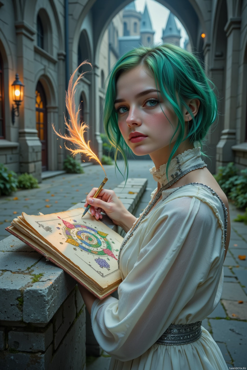 A woman with green hair in a white dress holds a quill and an open book with a colorful illustration.