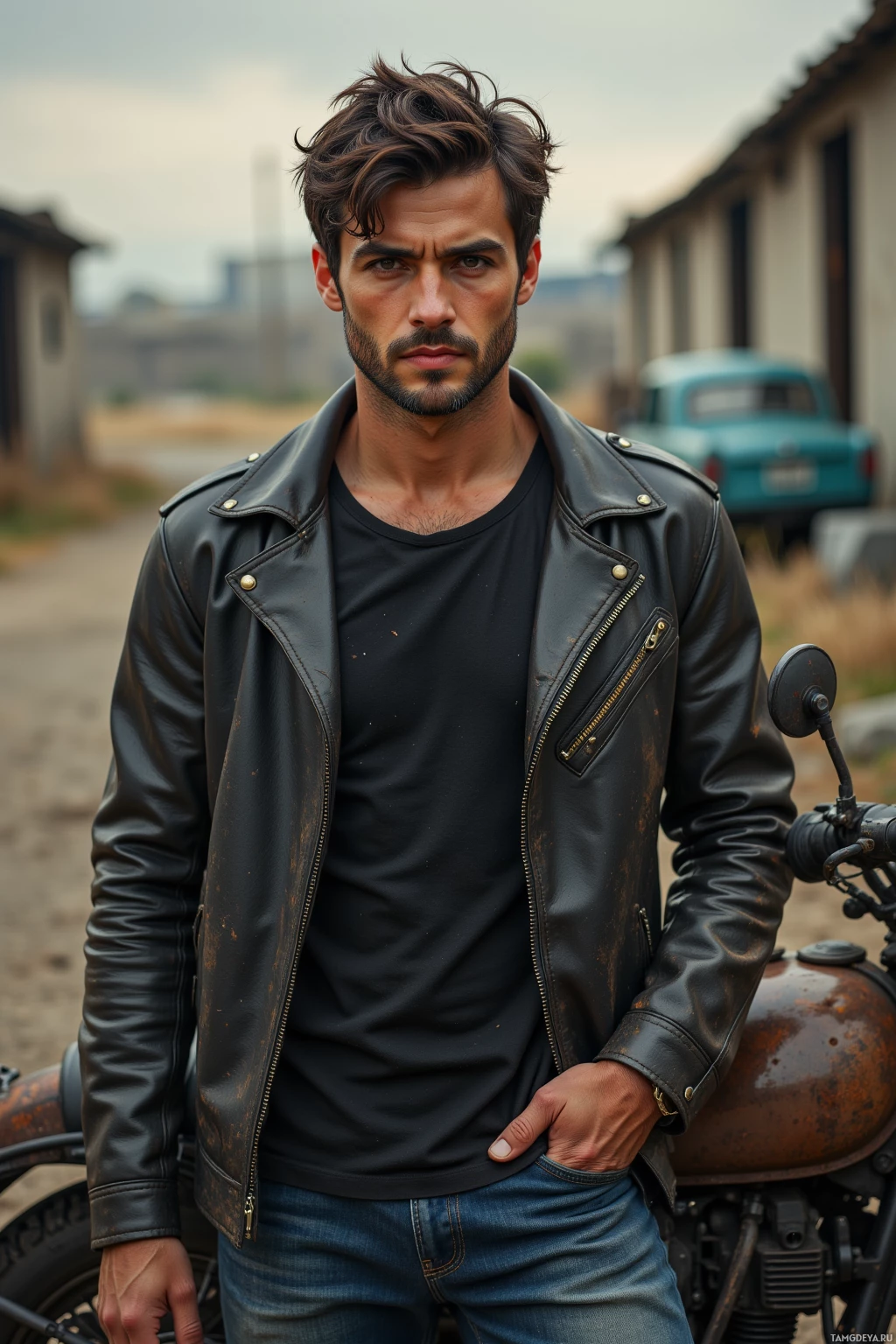 A man in a leather jacket stands near a motorcycle in an outdoor setting.