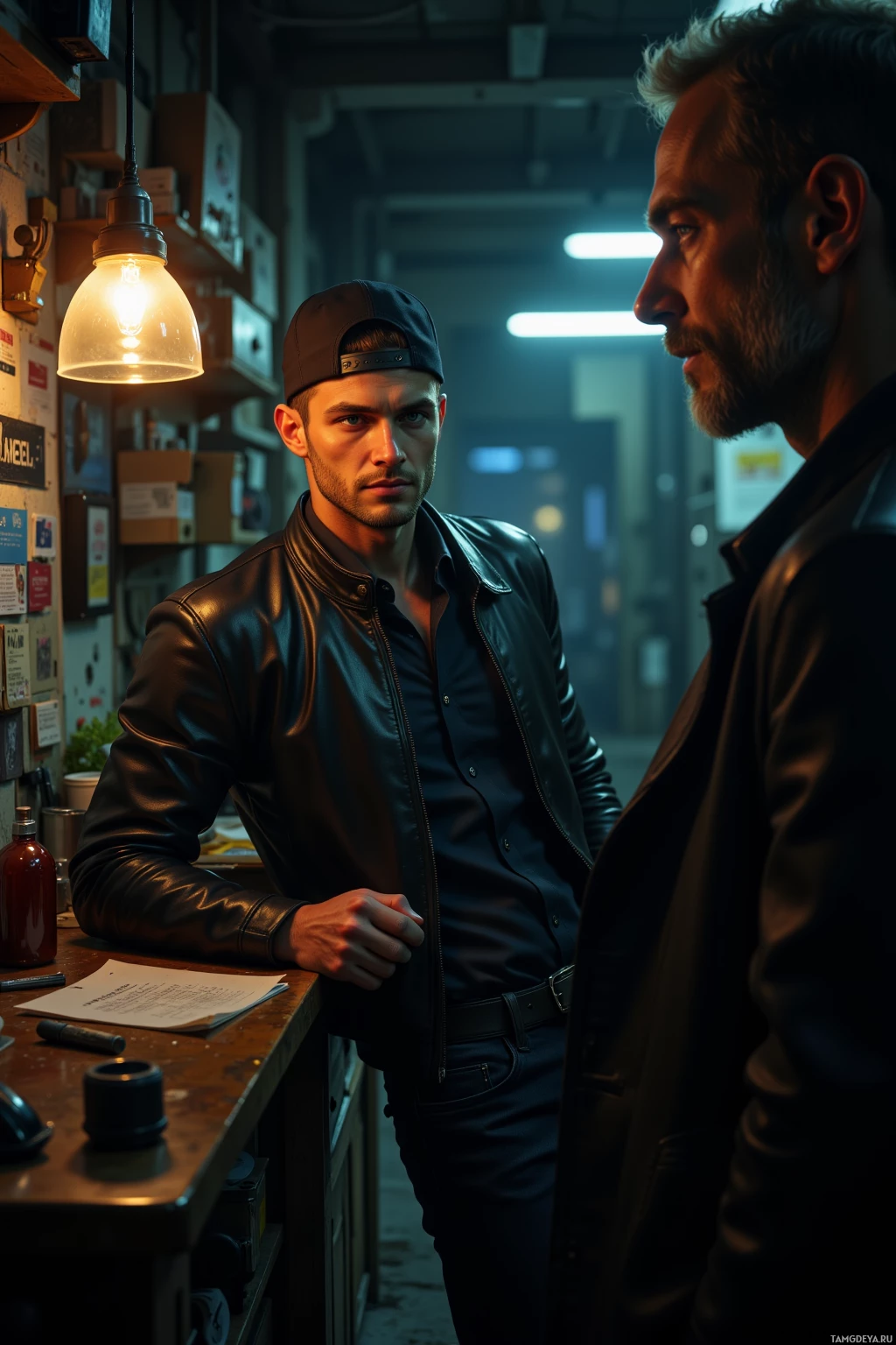 Two men in a dimly lit workshop, one wearing a leather jacket and cap, engaged in conversation.