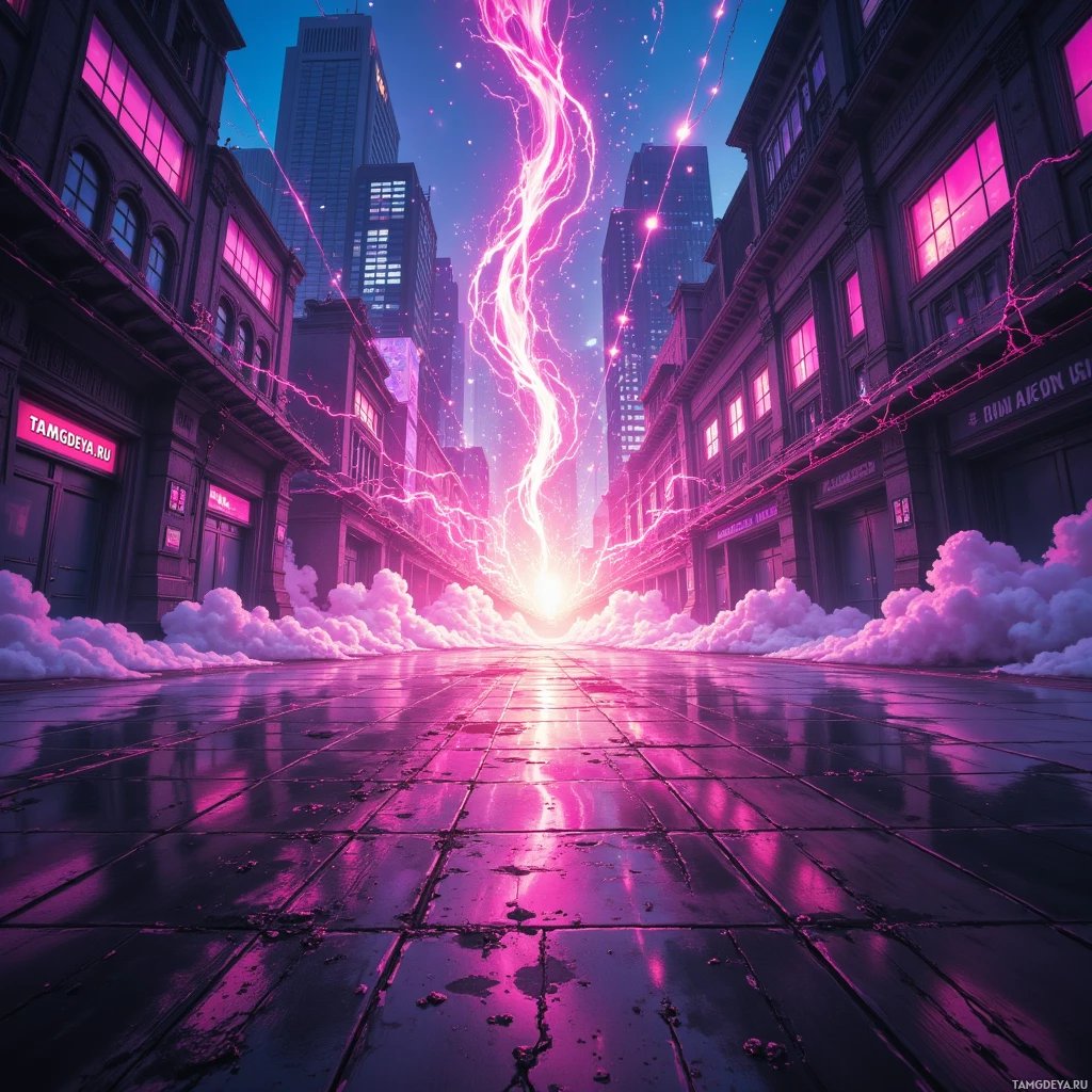 A vibrant cityscape with glowing pink lightning and clouds.