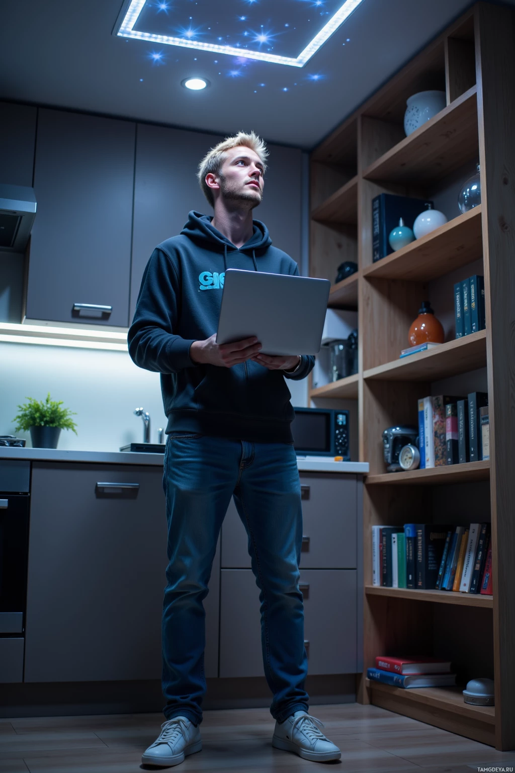 A person stands in a modern kitchen holding a laptop, looking up.
