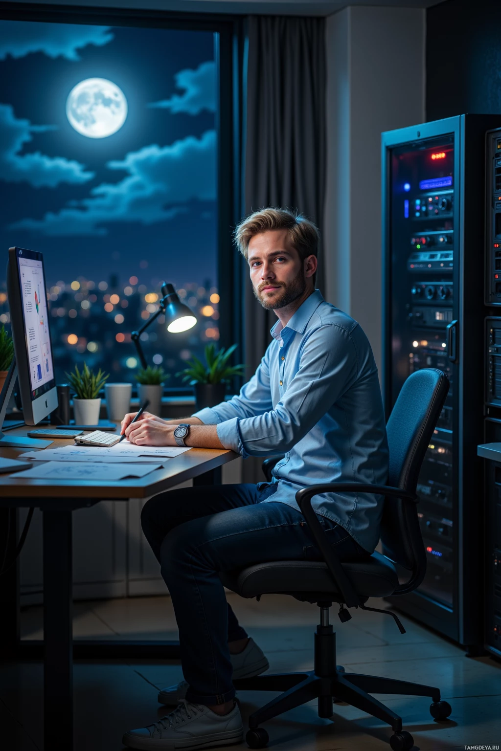 A man sits at a desk in a dimly lit room with a cityscape view through the window, working on a computer.