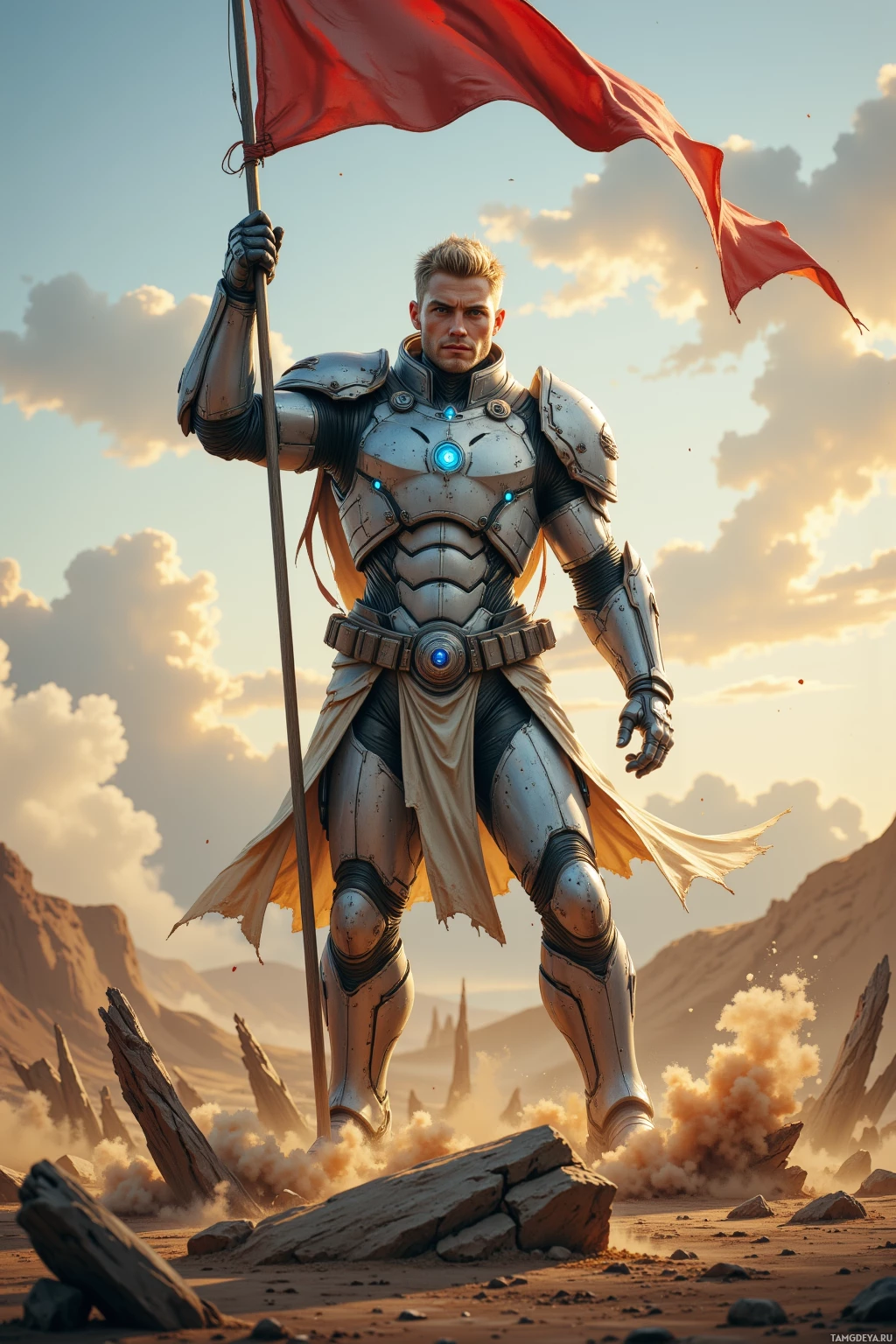 A warrior in futuristic armor stands in a desert landscape, holding a flag.