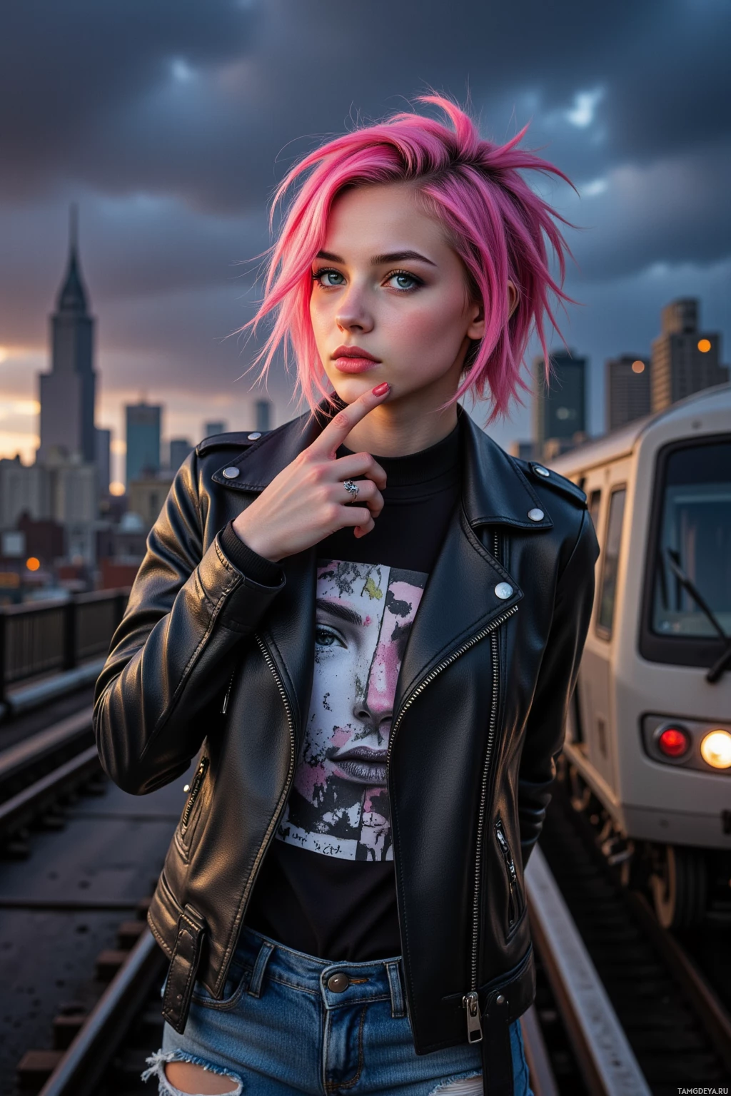 A person with pink hair stands on a train track, wearing a black leather jacket and ripped jeans, with a cityscape in the background.