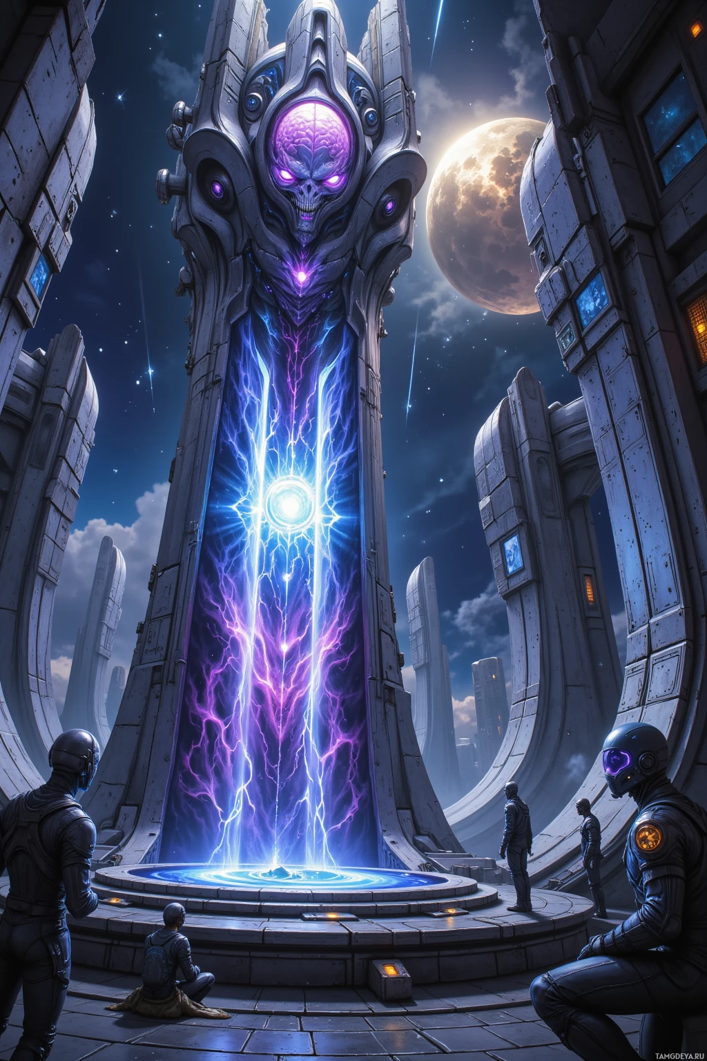 A futuristic scene featuring a towering structure with glowing purple and blue energy emanating from its center, surrounded by three figures in space suits.