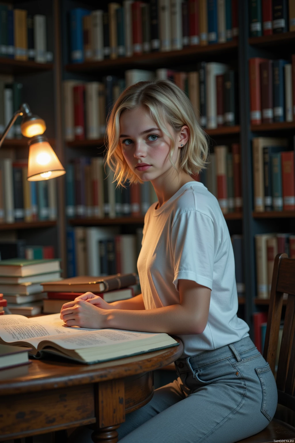 A young person sits at a desk in a library, surrounded by books, with a focused expression.