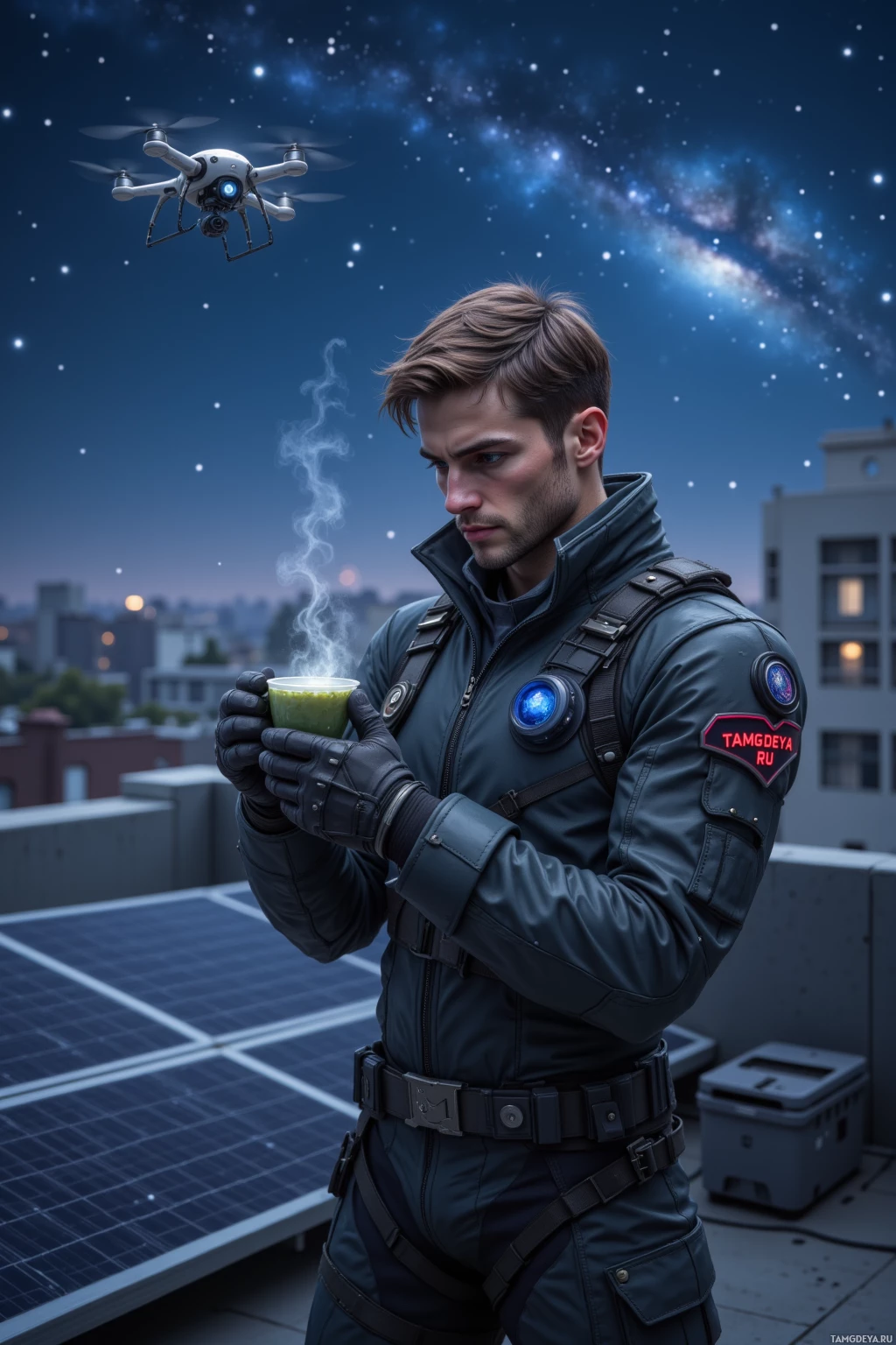 A man in a futuristic uniform holds a steaming cup while a drone hovers above him against a starry night sky.
