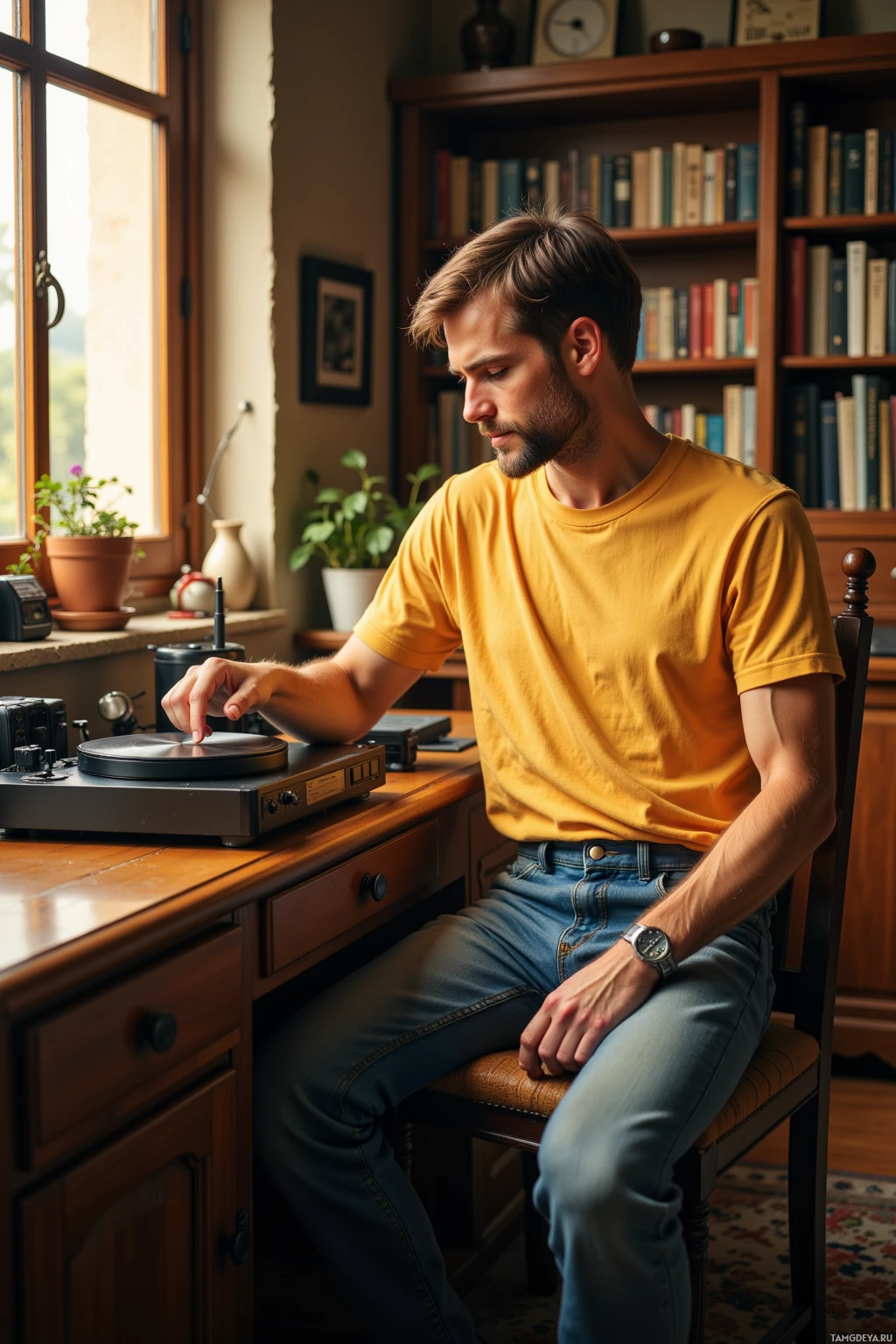 A man in a yellow shirt sits at a desk, interacting with a record player.
