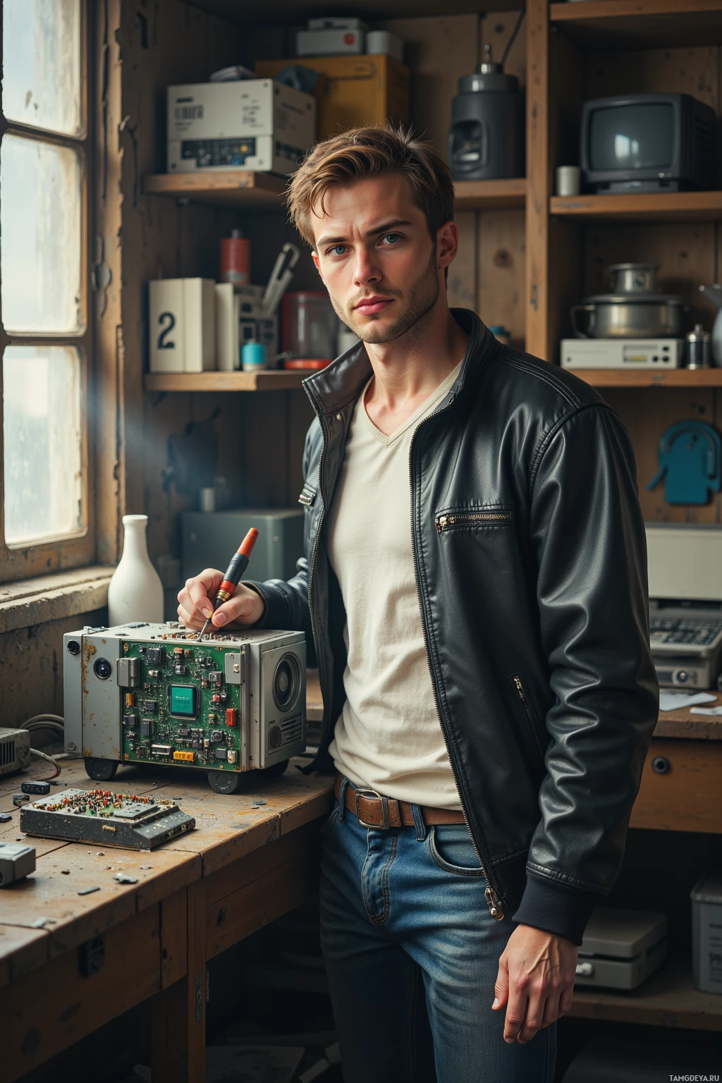 A man in a leather jacket stands in a workshop, holding a tool near a circuit board.