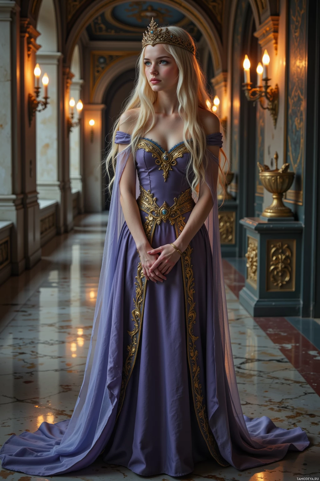 A woman in a regal purple gown with gold accents and a crown stands in an ornate hallway.