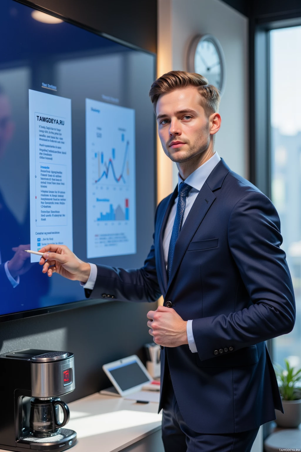 A man in a suit stands in front of a presentation screen.