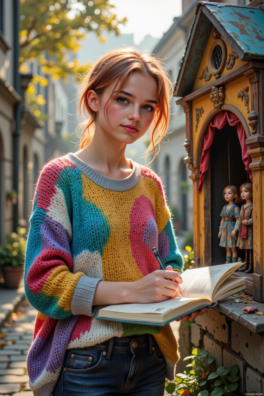A person wearing a colorful sweater stands near a small building, holding an open book and a pen.