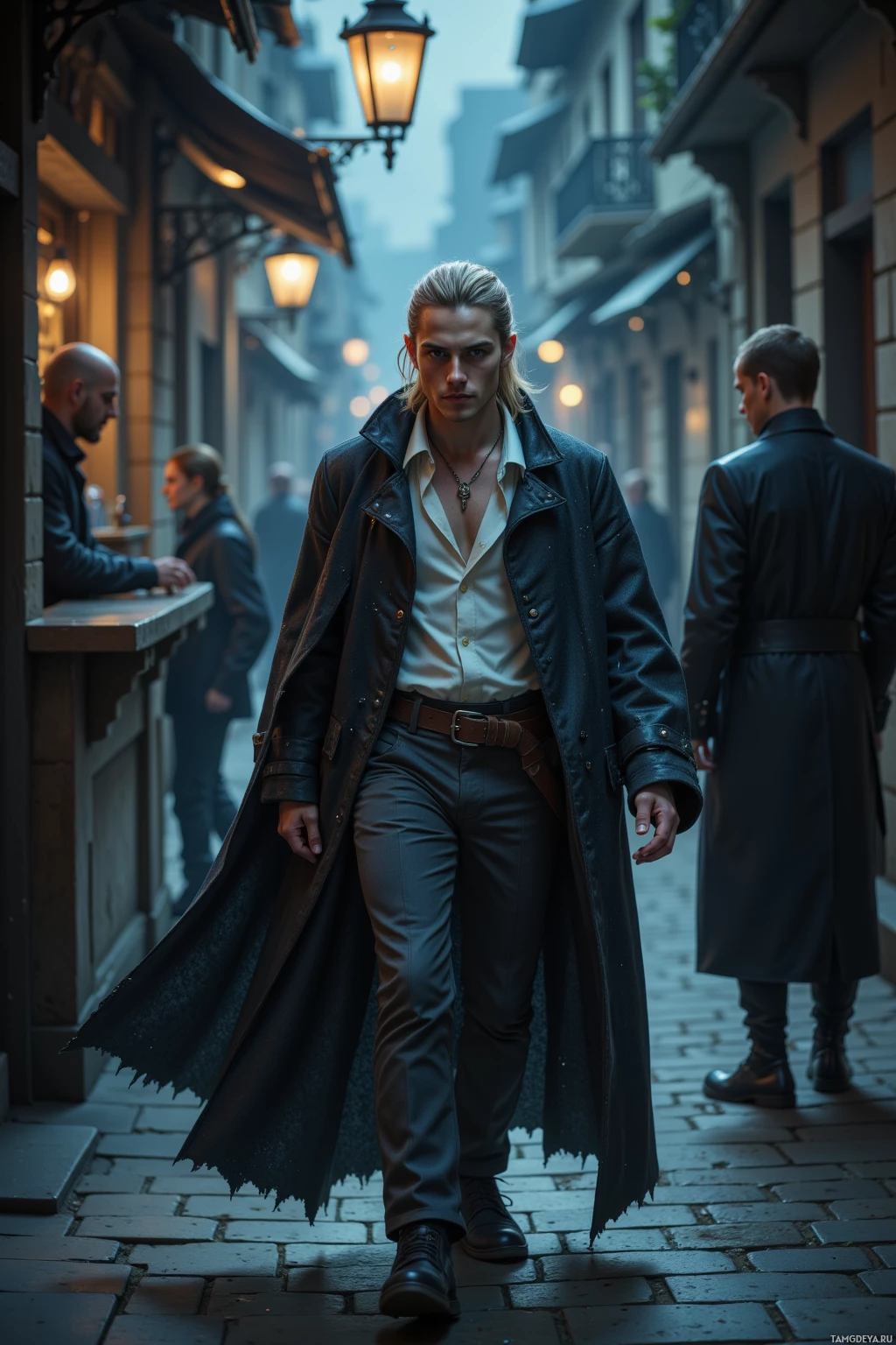 A man in a long coat and formal attire walks down a dimly lit street.