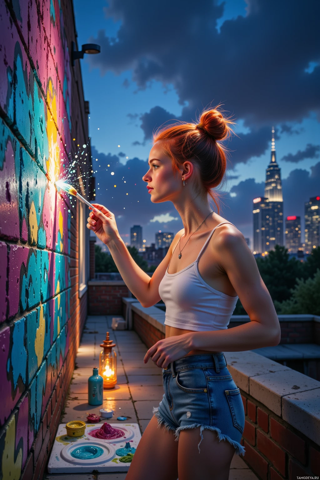 A woman paints a colorful mural on a brick wall at dusk.