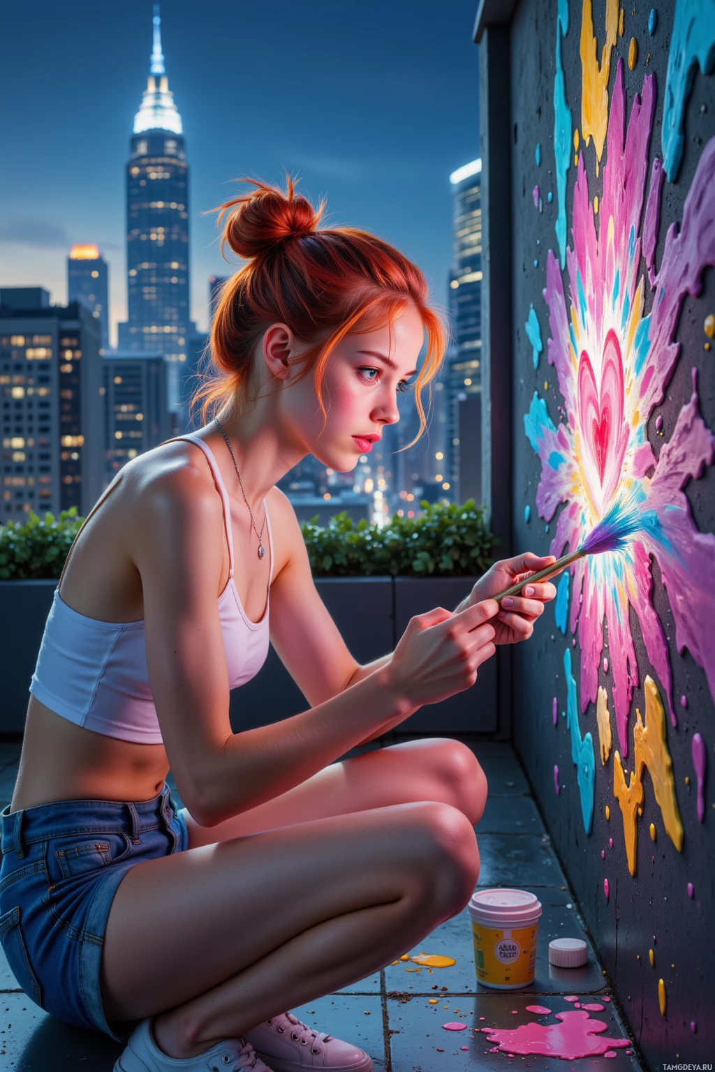 A young woman is crouching and painting a colorful mural on a wall with a cityscape in the background.