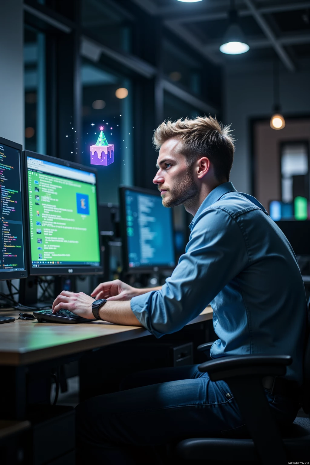 A person is working at a desk with multiple computer monitors, wearing a blue shirt and jeans.