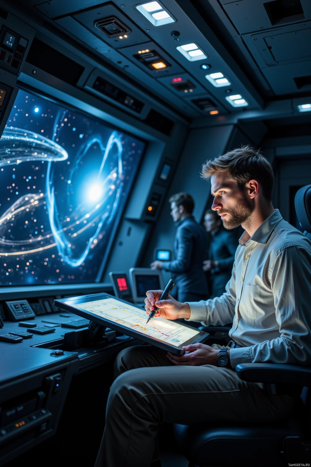 A man is seated in a futuristic control room, working on a tablet with a large display screen showing a cosmic or scientific visualization in the background.