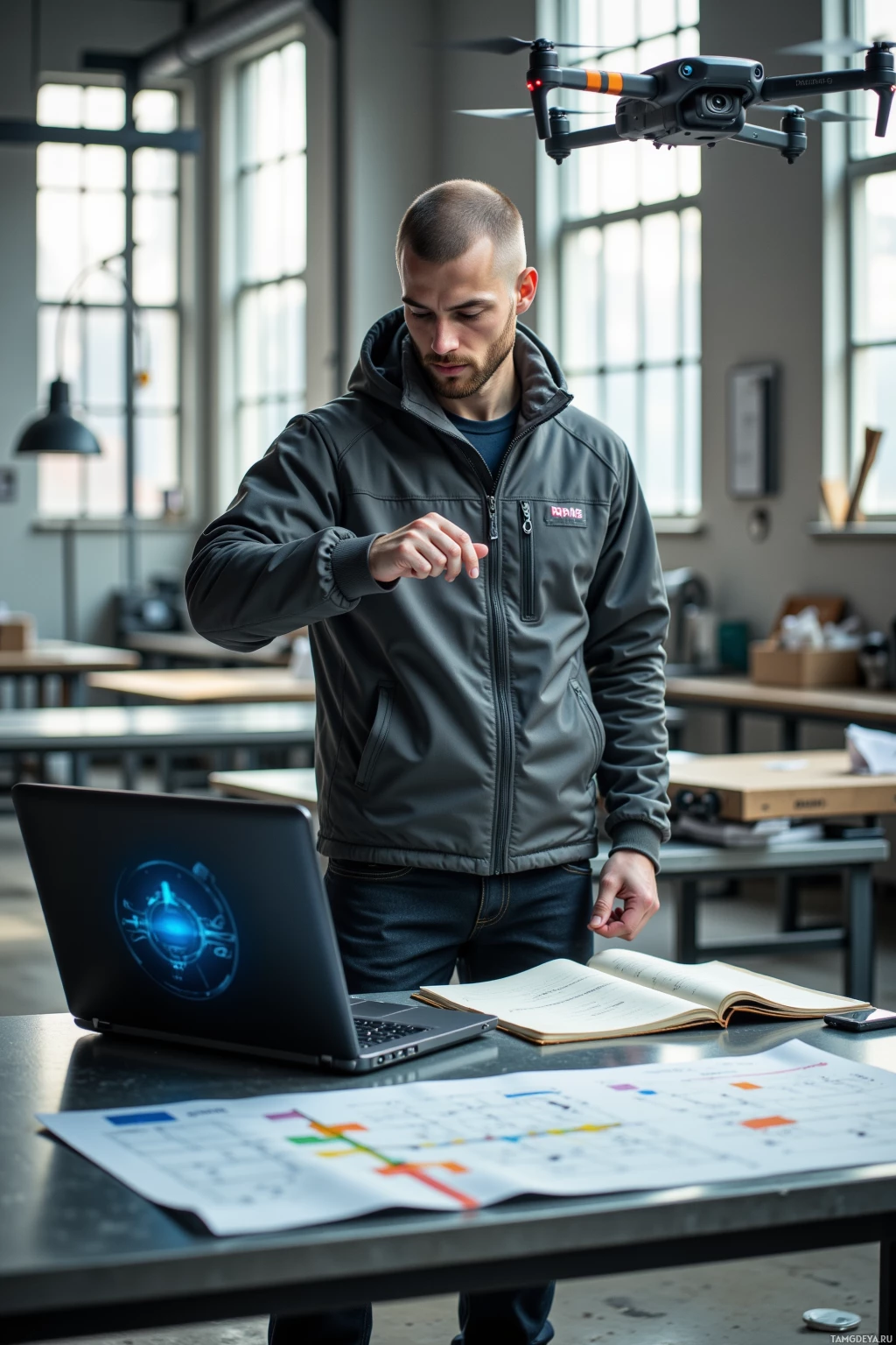A man in a jacket stands in a room with a laptop and documents, looking at the screen.