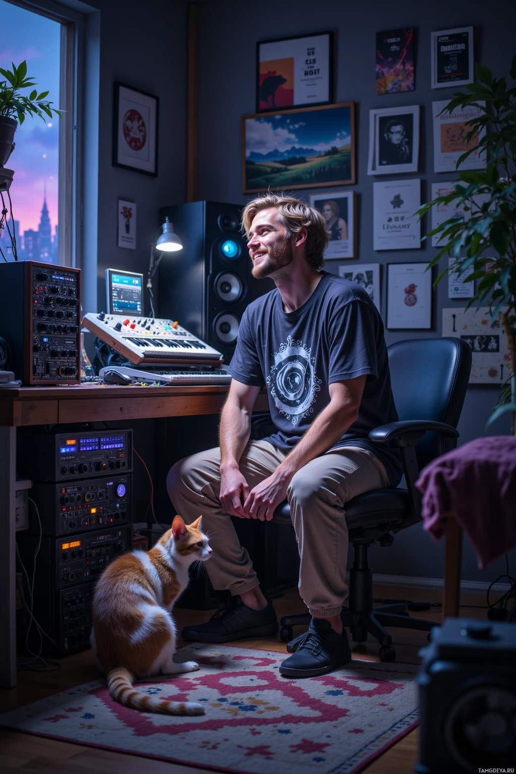 A man sits in a home studio with musical equipment and a cat on the floor.