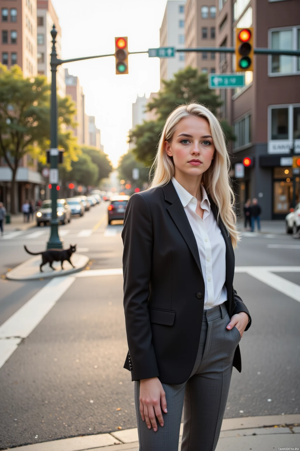 A woman in a business suit stands on a city street with traffic lights and pedestrians in the background.